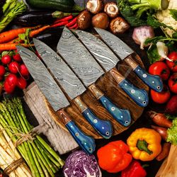 custom forged damascus steel chef & kitchen knife set 5 pcs