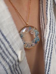 Pressed flowers necklace, Gold stainless steel necklace, Big round necklace