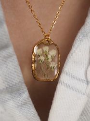 Pressed gypsophila flower necklace, Gold stainless steel necklace