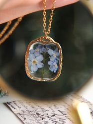 Pressed forget me not flower necklace, Gold stainless steel necklace