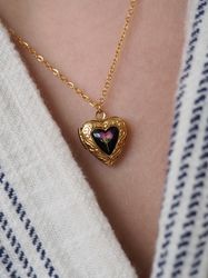 Pressed alyssum flower locket, Real flower small heart locket, Gold stainless steel necklace