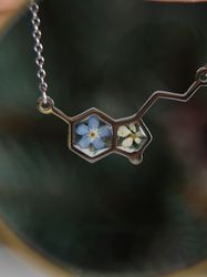 Serotonin formula necklace, Pressed flower necklace, Silver stainless steel necklace
