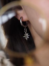 Star earrings, Pressed flower huggie drop earrings, Silver stainless steel earrings