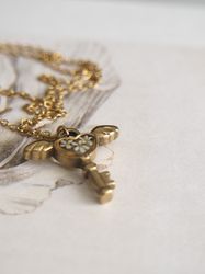 Pressed white flower necklace, Small key necklace, Gold stainless steel necklace