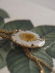 Dried chamomile flower necklace, Gold stainless steel necklace