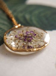 Pressed purple and white flowers necklace, Gold stainless steel necklace