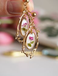 Pressed alyssum flowers earrings, Gold stainless steel earrings, Branch earrings
