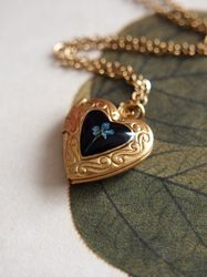 Pressed blue flower locket, Real flower small heart locket, Gold stainless steel necklace