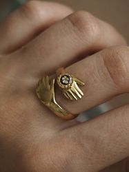 Adjustable hands ring, Dry flower resizable ring, Gold stainless steel ring