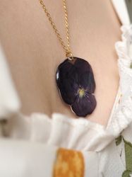 Dried viola flower necklace, Gold stainless steel necklace