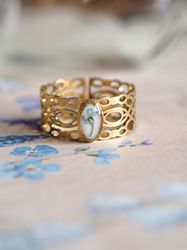 Wide adjustable ring, Pressed blue flower resizable ring, Gold stainless steel ring