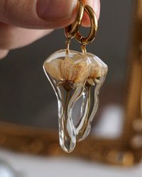 Pressed flower huggie drop earrings, Dry apple tree flower earrings, Gold stainless steel earrings