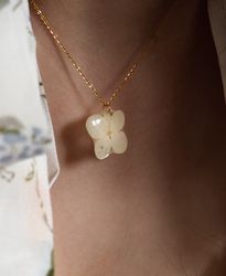 Dried hydrangea flower necklace, Gold stainless steel necklace