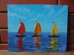 Original oil painting on canvas - sailboats at sea