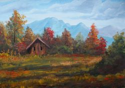 Exclusive oil painting - autumn in mountains, old hut hidden in mountains forest landscape