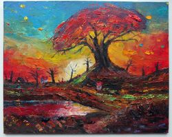 Red colorful sunset and huge oak tree almost night some houses exclusive oil painting impasto palette knife artwork