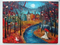Deep red autumn with lonely lady walking under trees in the park near mysterious city under moon oil painting artwork