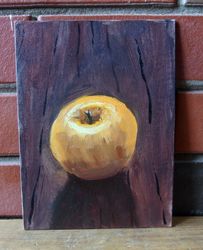 An apple oil painting miniature handmade - yellow apple on the table still life