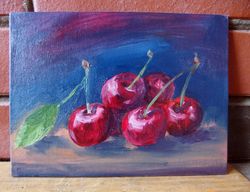 Cherries oil painting miniature handmade - red cherries on the table still life