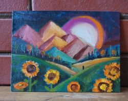 Sunflowers fields and mountains landscape - modern stylish oil painting miniature handmade 6 x 8