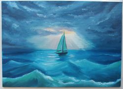 Brave sailboat sailing into storm, dark clouds, waves, sun ray - oil painting on canvas 14x10"