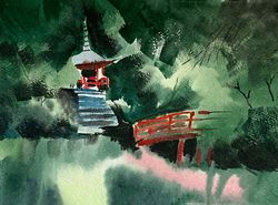 Painting watercolor landscape. Chinese temple