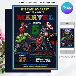 Avengers Invitation, Avengers Birthday Invitation, Superhero Invitation Template, Kid Birthday Invitation, Editable