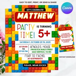 Building Blocks Birthday Invitation, Building Bricks Kids Birthday Party Invite, Printable Editable Canva Template