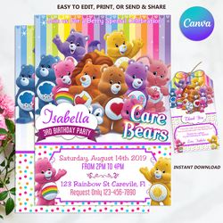 Editable Care Bears Birthday Invitation, Birthday Party Invitation, Party Invitation, Care Bears Invitation Card