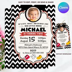 Editable Mickey Birthday Invitation Template, Printable Birthday Party Invitations, Digital Kids Party Invite
