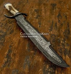 Hand Made custom Heavy Duty Damascus Predator Bowie knife Stag Antler