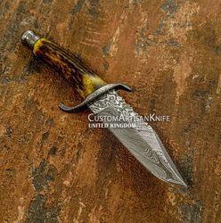 Hand made Damascus Miniature Skinning knife Stag Antler