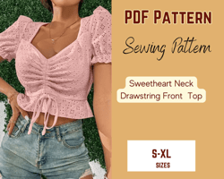 Peplum hem top pattern Sweetheart Neck Blouse PDF, Puff sleeve, Ruched front blouse