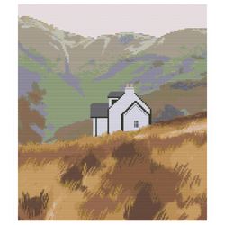 Counted cross stitch pattern, Landscape, White House in the mountains,xstich pattern, PDF cross stitch chart.