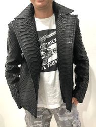 King Python Leather For Men, Man's Black Python Leather Jacket For Men, Custom Snakeskin Biker Jacket