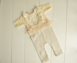 Newborn girl beige lace romper photo prop in boho style
