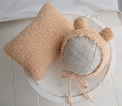 Beige Newborn Bear Hat and Posing Pillow Set for Baby's First Photo Session