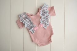 Newborn girl onesie photo prop in dusty pink and pale blue