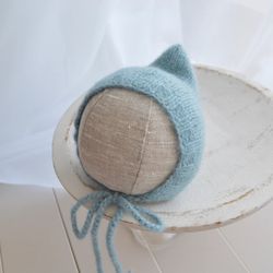 Newborn knit sea blue pixie hat photo prop . Newborn boy knitted bonnet. Newborn boy photography prop. First picture