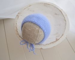 Newborn boy blue bonnet photo prop. New baby photo fuzzy knit hat. Baby boy angora cap. First picture prop hat. Knitted