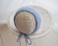 Newborn boy knitted navy blue bonnet photo prop. Baby boy fuzzy angora hat for first photo shoot. Brushed newborn props.