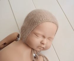 Newborn knitted brown bonnet photo prop. Angora new baby boy photography hat. Fuzzy yarn newborn prop. Soft new kid phot