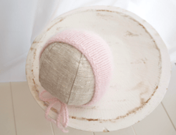 Newborn girl pink knit bonnet photo prop . Baby pink angora hat for new baby girl first photo shoot. Fuzzy newborn prop