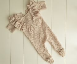 Newborn girl taupe ruffled lace photo prop footed romper . Gray newborn jumpsuit first picture prop. Frilly newborn phot