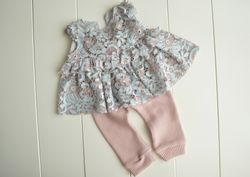 Newborn girl lace outfit photo prop: pale blue and pink top and pants set. Newborn dress photography prop. Ruffled baby