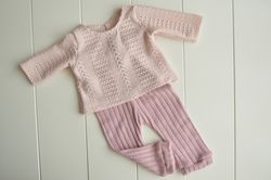 Newborn girl lace outfit photo prop: pink top and pants set. Newborn outfit photography prop.