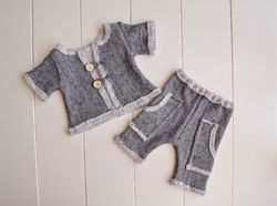 Grey newborn boy outfit . Props for first baby photo shoot . New kid photo clothes. Top and pants set for newborn infant
