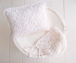 White Crochet Bonnet and Pillow Set for Newborn Photography