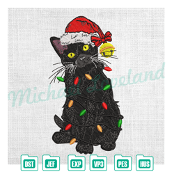 black cat christmas light santa hat embroidery design , embroidery design file, digital embroidery