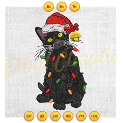 black cat christmas light santa hat embroidery design ,digital embroidery,embroidery file